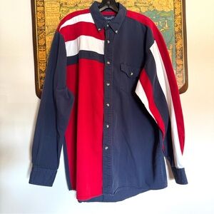 VTG Wrangler Brushpopper Shirt Mens L Tall Red White Blue USA Americana Western